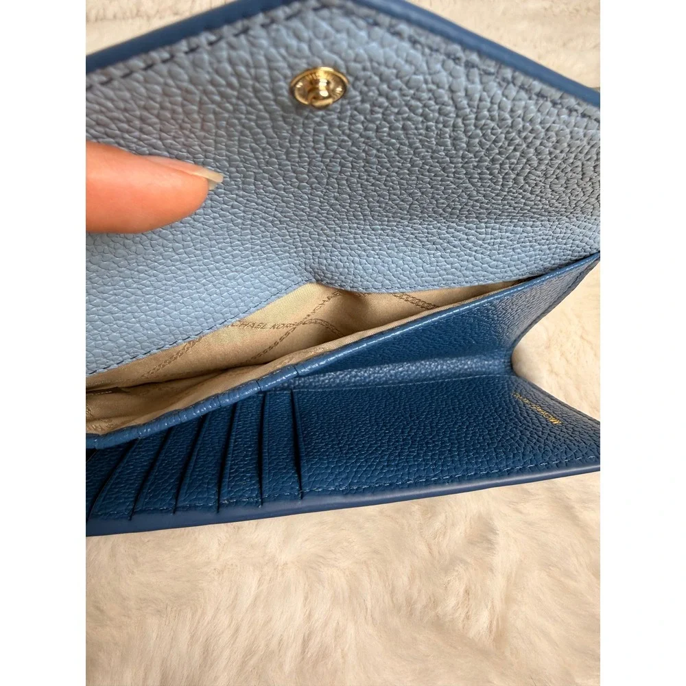 Michael Kors Money Pieces Blue Pebbled Leather Envelope Flap Wallet Slim NWOT